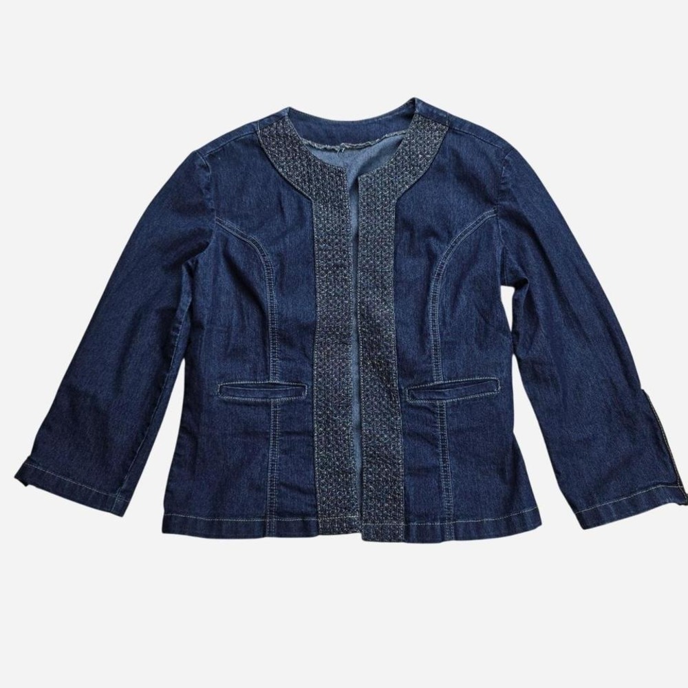 Womens Dark Wash Denim Open Front Jacket Tweed Trim Zipper‎ Cuff Blue Blazer